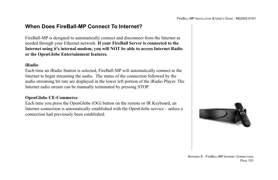 When does fireball-mp connect to internet | Escient MP-100 User Manual | Page 131 / 161