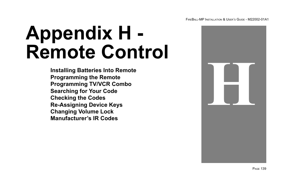Appendix h - remote control | Escient MP-100 User Manual | Page 139 / 161
