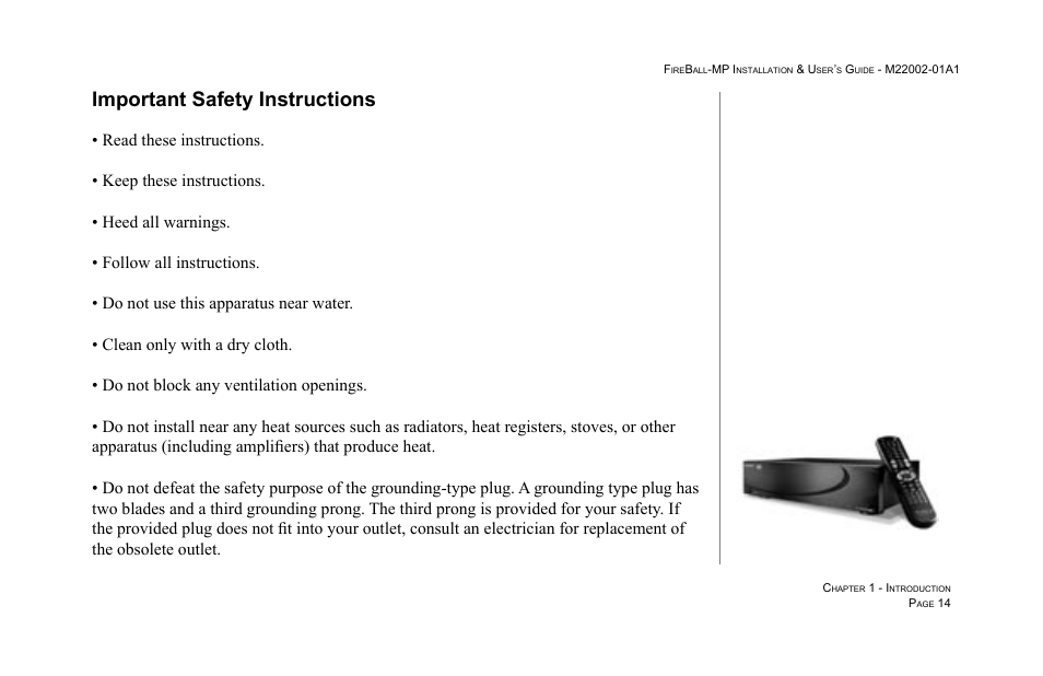 Important safety instructions | Escient MP-100 User Manual | Page 14 / 161