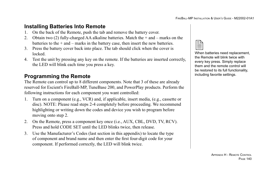 Installing batteries into remote, 140 programming the remote, Programming the remote | Escient MP-100 User Manual | Page 140 / 161