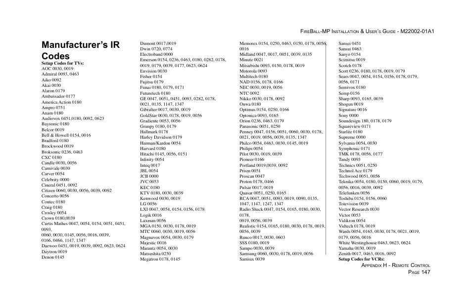 Manufacturer’s ir codes | Escient MP-100 User Manual | Page 147 / 161
