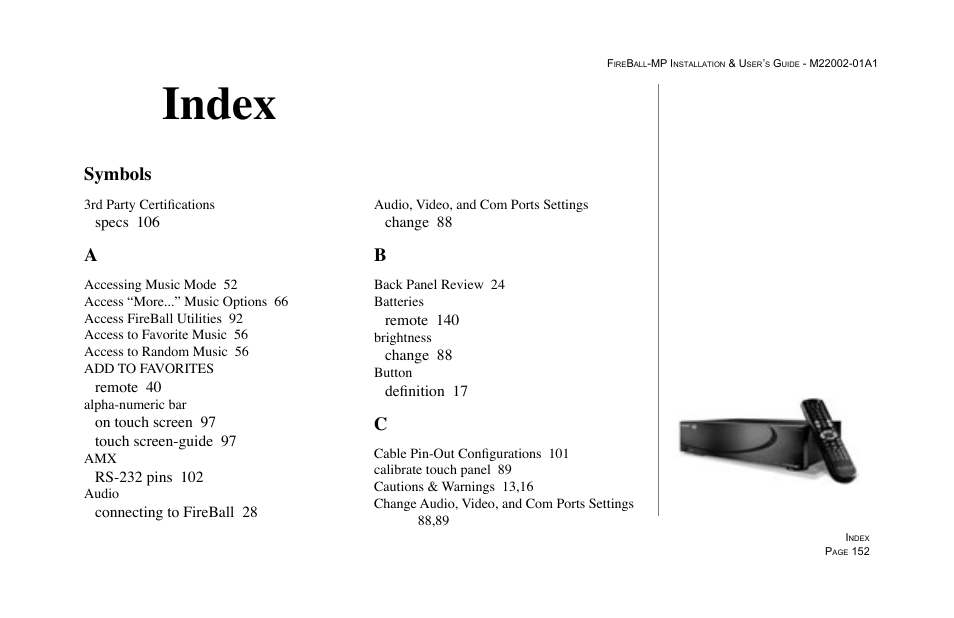 Index, Symbols | Escient MP-100 User Manual | Page 152 / 161