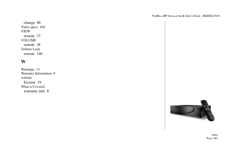 Change 88, Remote 37, Remote 38 | Remote 146, Escient 19, Warranty info 8 | Escient MP-100 User Manual | Page 161 / 161