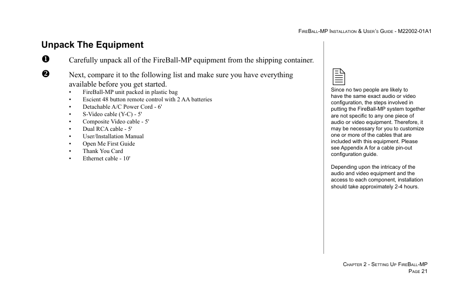 Unpack the equipment | Escient MP-100 User Manual | Page 21 / 161
