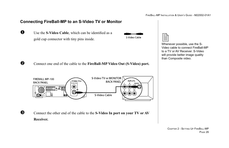 Connecting fireball-mp to an s-video tv or monitor | Escient MP-100 User Manual | Page 26 / 161