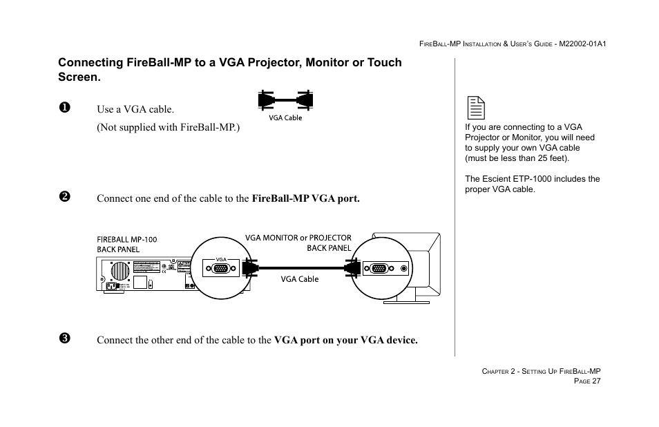 Use a vga cable. (not supplied with fireball-mp.) | Escient MP-100 User Manual | Page 27 / 161