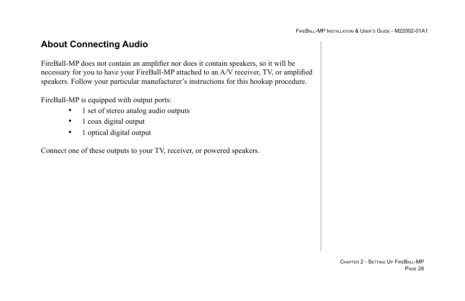 About connecting audio, 1 set of stereo analog audio outputs, 1 coax digital output | Escient MP-100 User Manual | Page 28 / 161