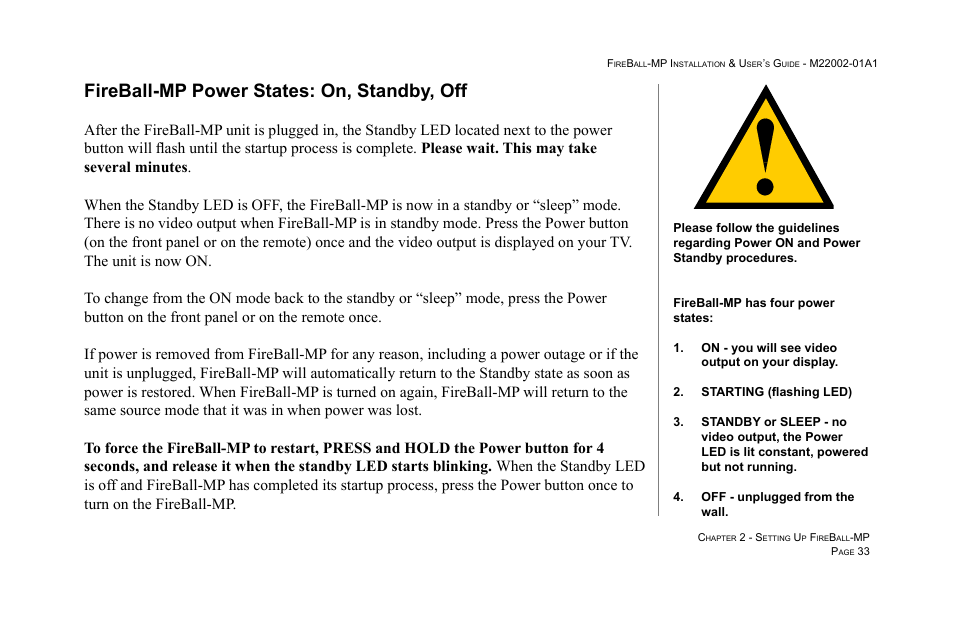 Fireball-mp power states: on, standby, off | Escient MP-100 User Manual | Page 33 / 161