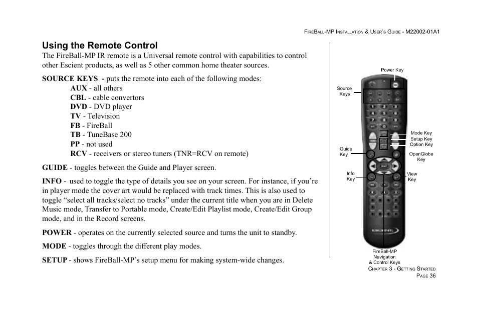 Using the remote control | Escient MP-100 User Manual | Page 36 / 161