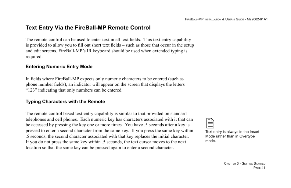 Text entry via the fireball-mp remote control | Escient MP-100 User Manual | Page 41 / 161