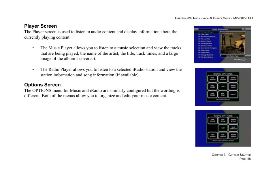 Player screen, Options screen | Escient MP-100 User Manual | Page 48 / 161