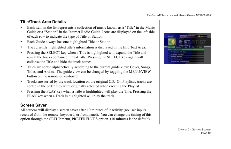 Title/track area details, Screen saver | Escient MP-100 User Manual | Page 49 / 161