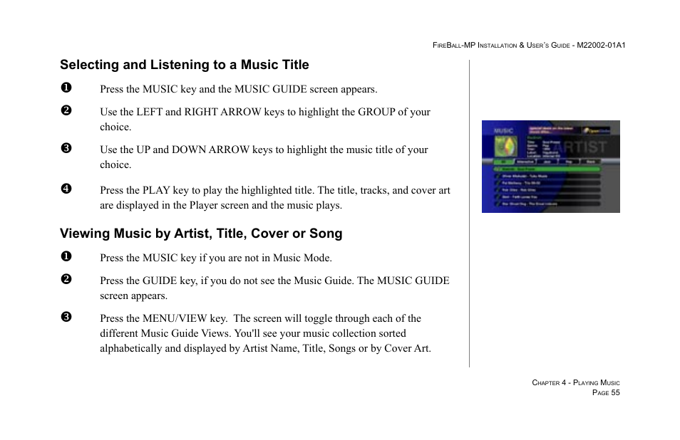 Selecting and listening to a music title, 55 viewing music by artist, title, cover or song, Viewing music by artist, title, cover or song | Escient MP-100 User Manual | Page 55 / 161