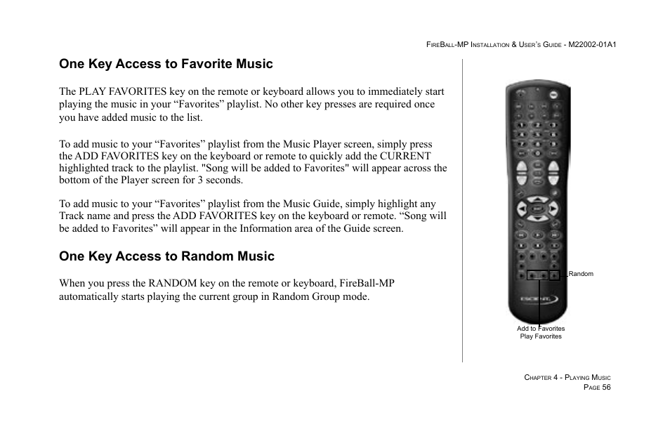 One key access to favorite music, 56 one key access to random music, One key access to random music | Escient MP-100 User Manual | Page 56 / 161