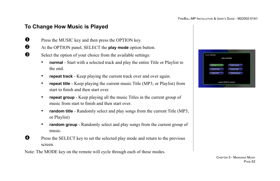 To change how music is played | Escient MP-100 User Manual | Page 62 / 161