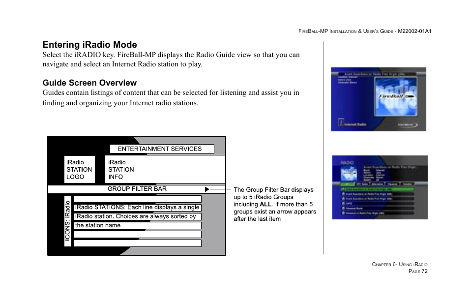 Entering iradio mode, Guide screen overview | Escient MP-100 User Manual | Page 72 / 161