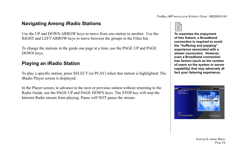 Navigating among iradio stations, 73 playing an iradio station, Playing an iradio station | Escient MP-100 User Manual | Page 73 / 161