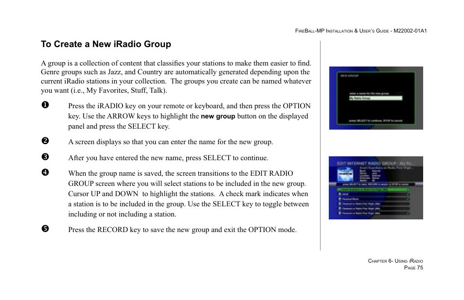 To create a new iradio group | Escient MP-100 User Manual | Page 75 / 161