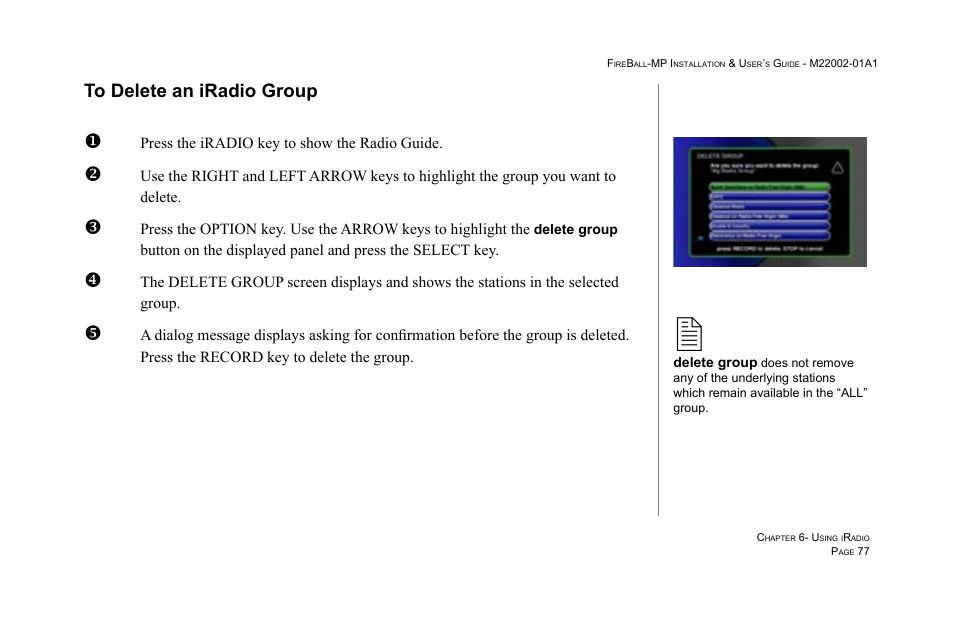 To delete an iradio group | Escient MP-100 User Manual | Page 77 / 161