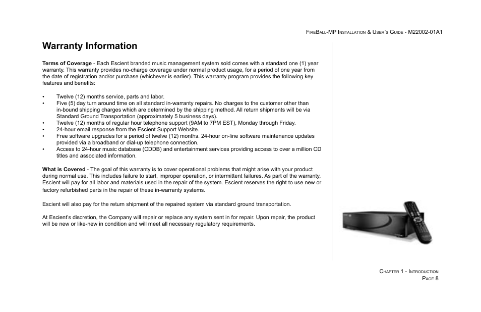 Warranty information | Escient MP-100 User Manual | Page 8 / 161