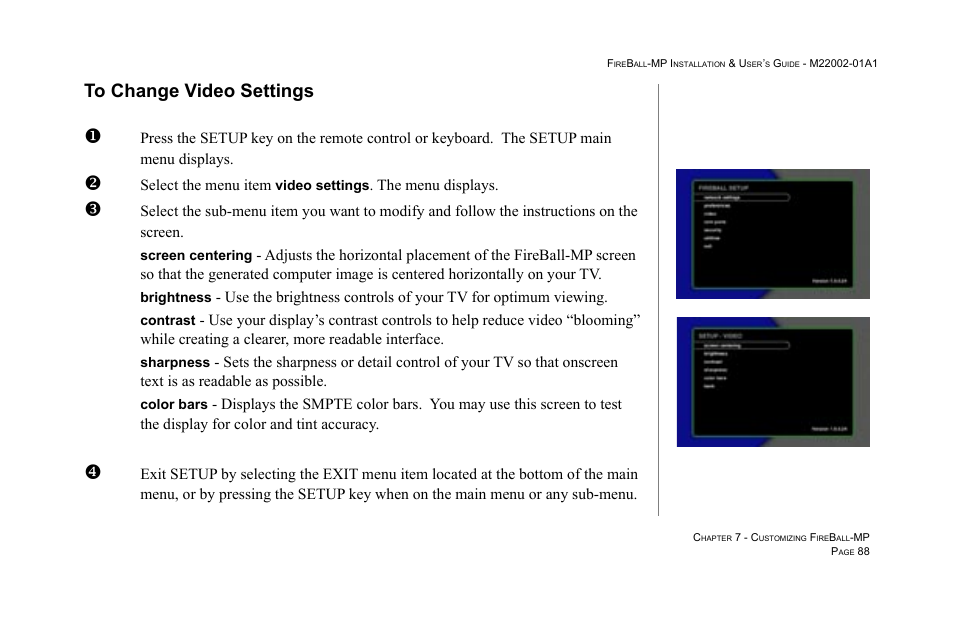 To change video settings | Escient MP-100 User Manual | Page 88 / 161
