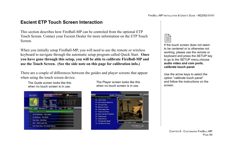Escient etp touch screen interaction | Escient MP-100 User Manual | Page 94 / 161