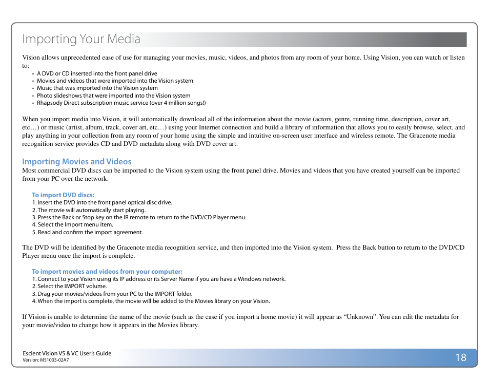 Importing your media | Escient VISION M51003-02A7 User Manual | Page 18 / 42