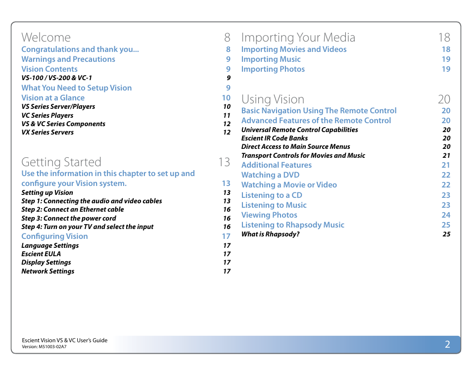 Welcome 8, Getting started 13, Importing your media 18 | Using vision 20 | Escient VISION M51003-02A7 User Manual | Page 2 / 42