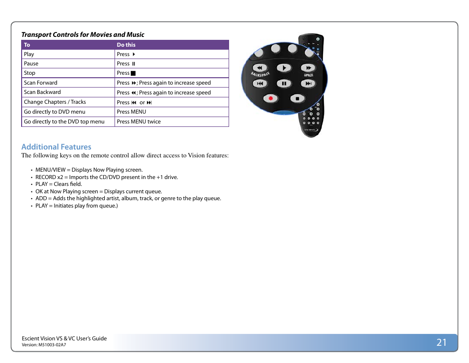 Additional features | Escient VISION M51003-02A7 User Manual | Page 21 / 42