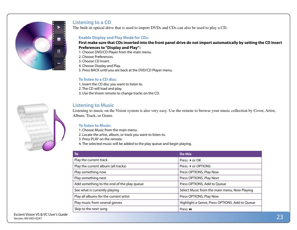 Listening to a cd, Listening to music | Escient VISION M51003-02A7 User Manual | Page 23 / 42