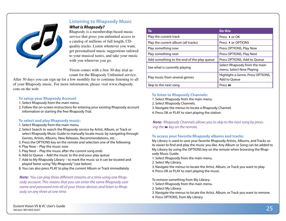 Listening to rhapsody music | Escient VISION M51003-02A7 User Manual | Page 25 / 42