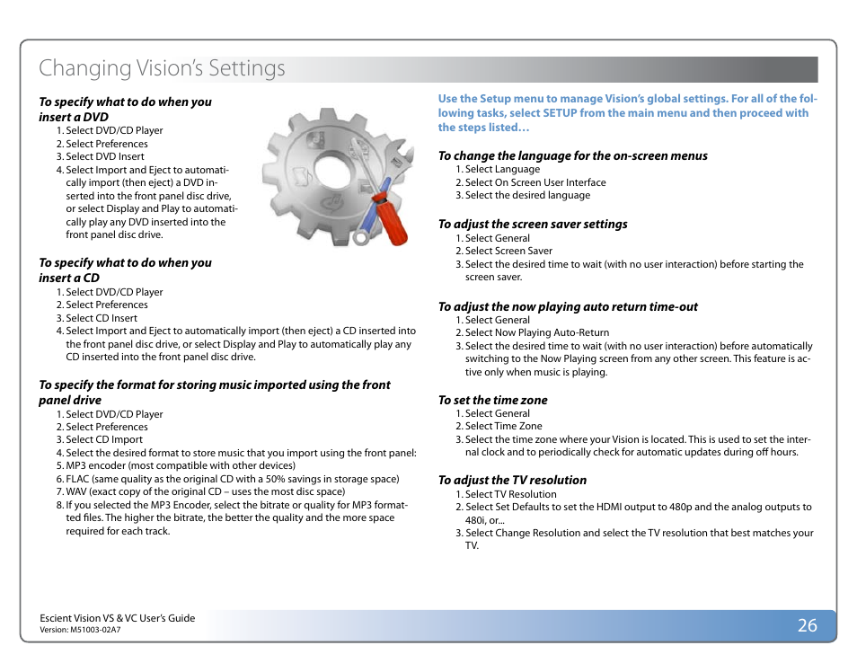 Changing vision’s settings | Escient VISION M51003-02A7 User Manual | Page 26 / 42