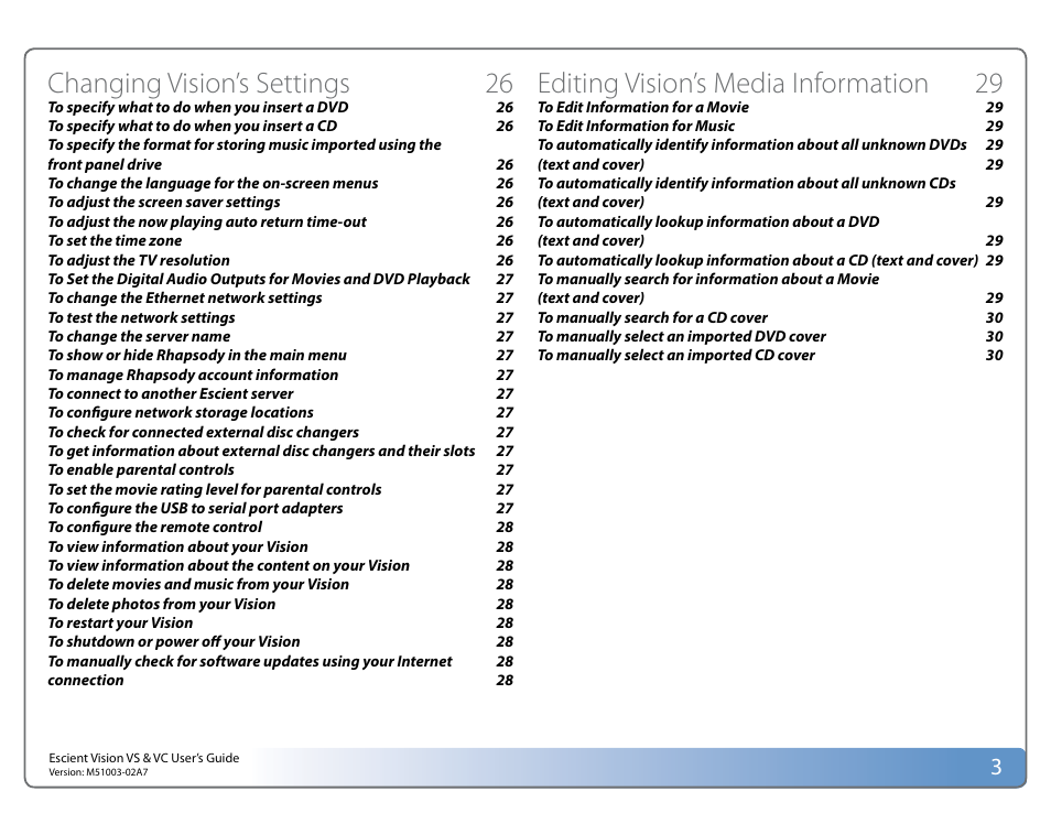 Changing vision’s settings 26, Editing vision’s media information 29 | Escient VISION M51003-02A7 User Manual | Page 3 / 42