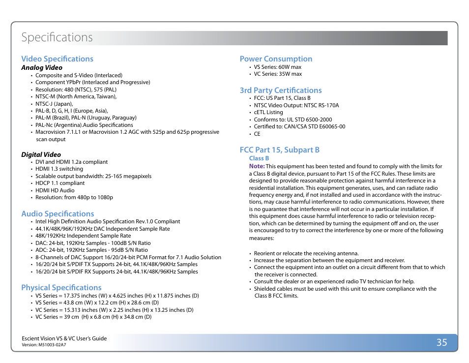 Specifications | Escient VISION M51003-02A7 User Manual | Page 35 / 42