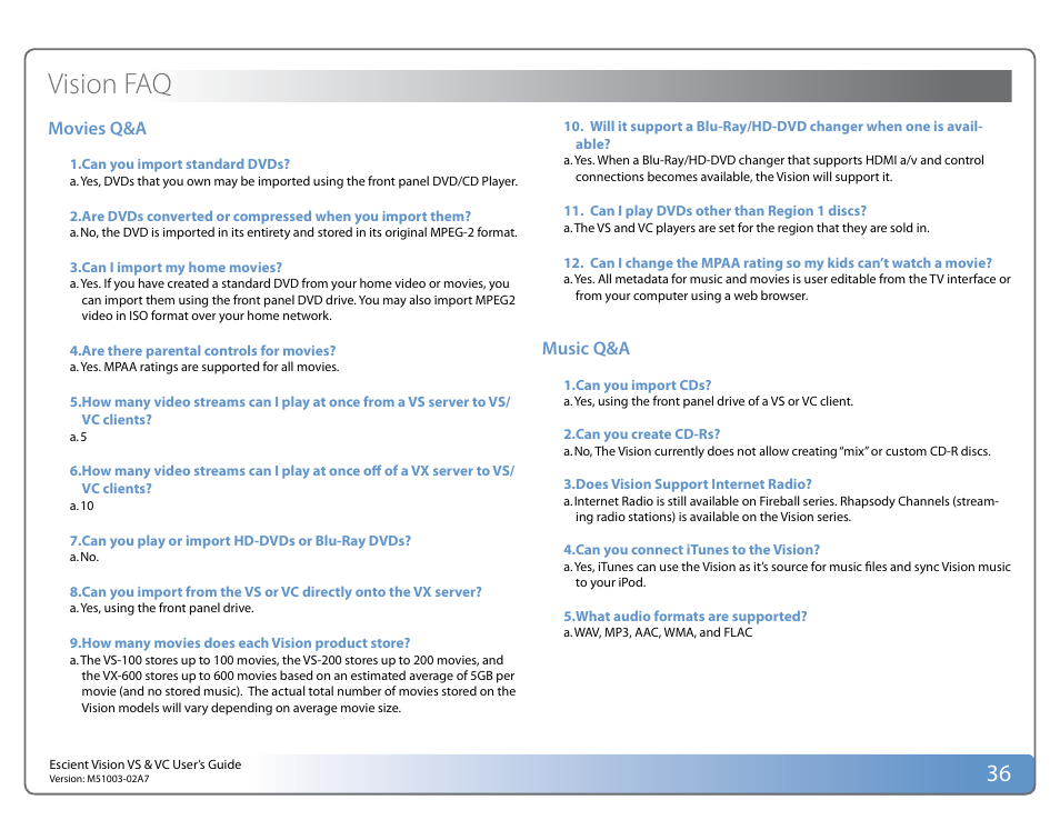 Vision faq | Escient VISION M51003-02A7 User Manual | Page 36 / 42