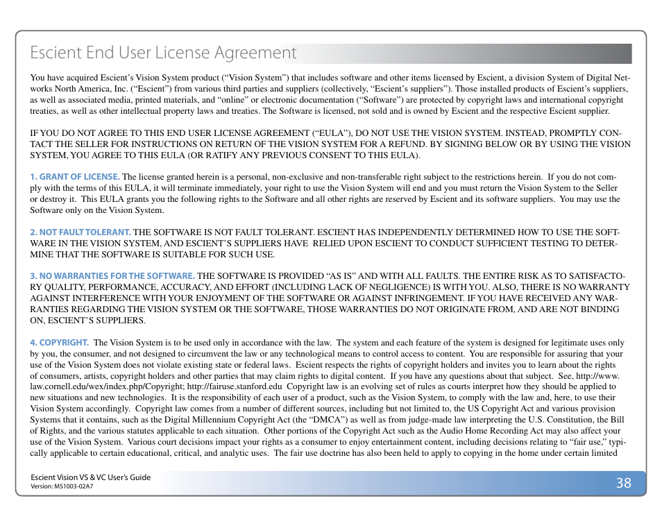 Escient end user license agreement | Escient VISION M51003-02A7 User Manual | Page 38 / 42