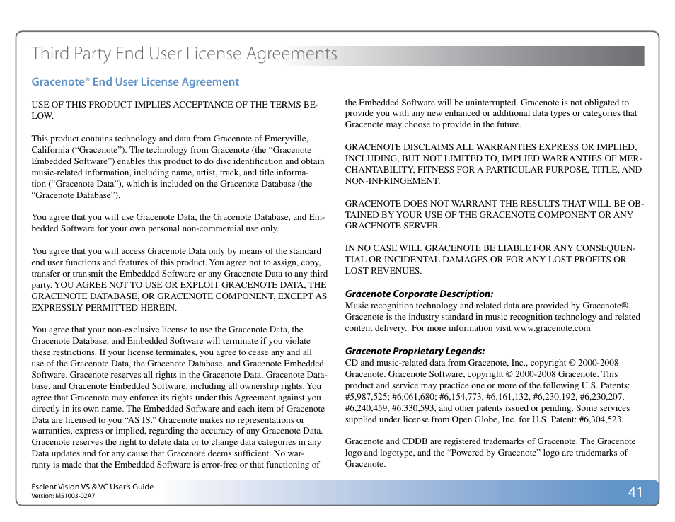 Third party end user license agreements | Escient VISION M51003-02A7 User Manual | Page 41 / 42