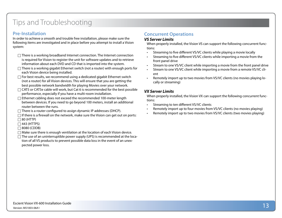 Tips and troubleshooting, Pre-installation, Concurrent operations | Escient Vision VX User Manual | Page 13 / 22