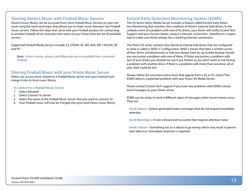 Sharing vision’s music with fireball music servers, Escient early detection monitoring system (edms) | Escient Vision VX User Manual | Page 15 / 22