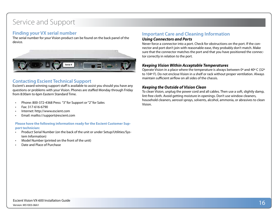Service and support | Escient Vision VX User Manual | Page 16 / 22