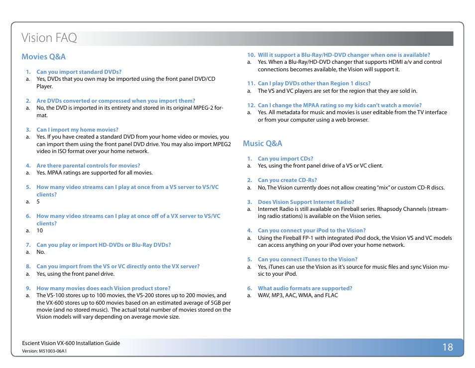 Vision faq, Movies q&a, Music q&a | Escient Vision VX User Manual | Page 18 / 22