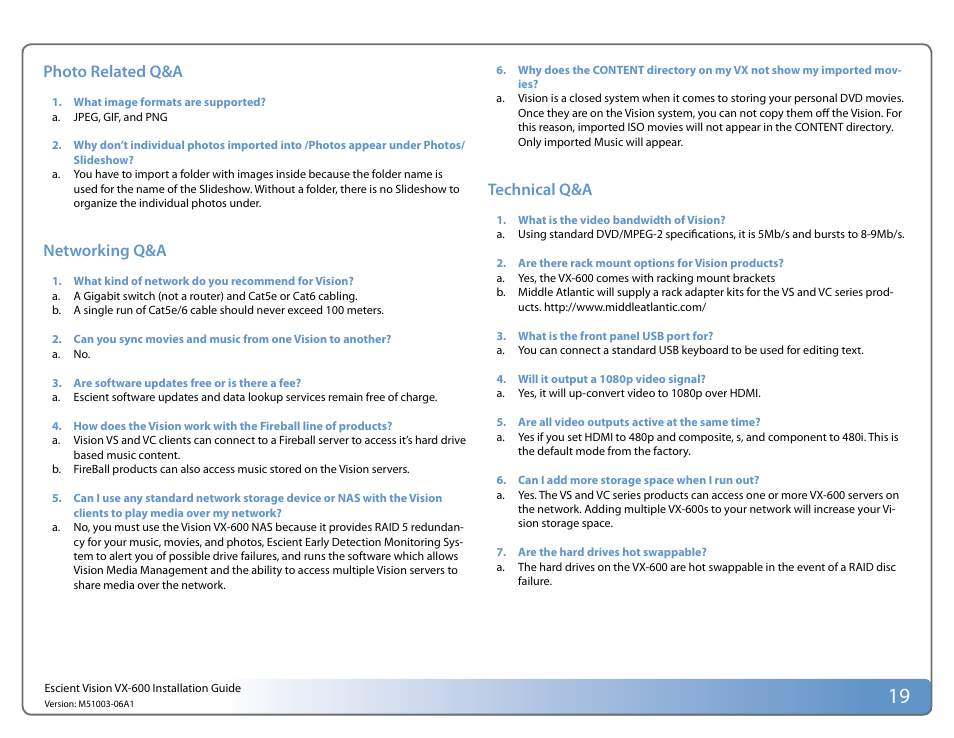 Photo related q&a, Networking q&a, Technical q&a | Escient Vision VX User Manual | Page 19 / 22