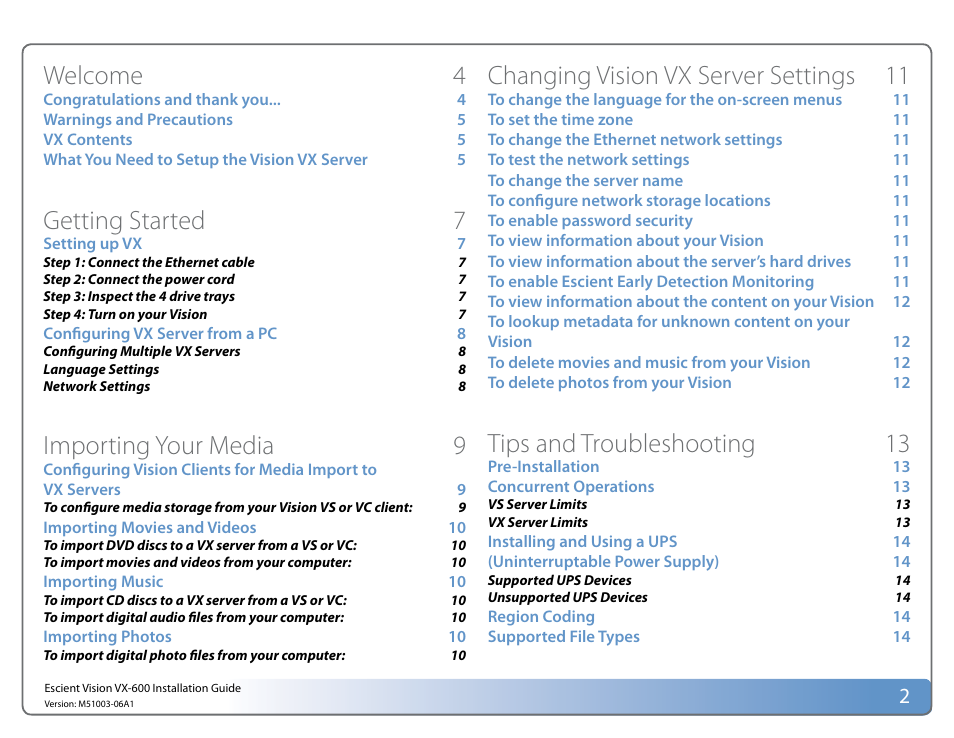 Welcome 4, Getting started 7, Importing your media 9 | Changing vision vx server settings 11, Tips and troubleshooting 13 | Escient Vision VX User Manual | Page 2 / 22
