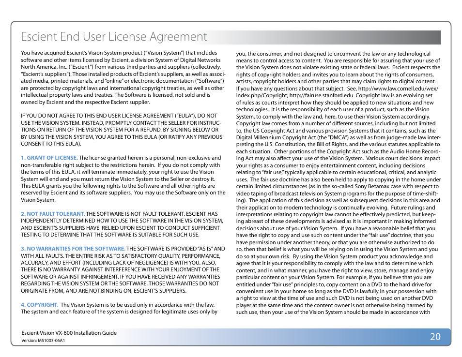 Escient end user license agreement | Escient Vision VX User Manual | Page 20 / 22