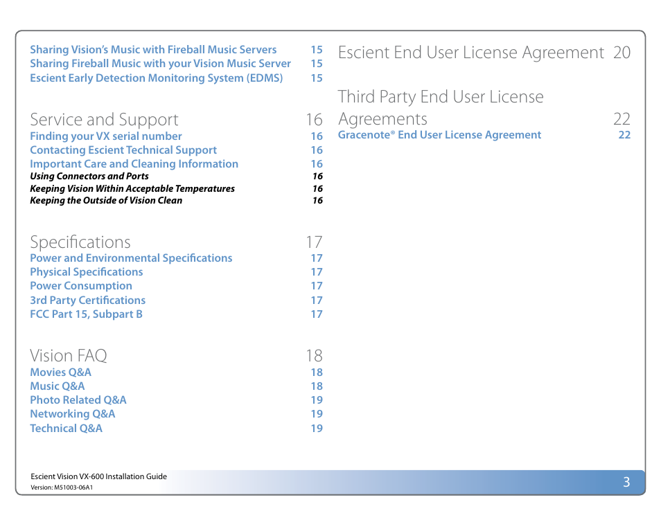 Service and support 16, Specifications 17, Vision faq 18 | Escient Vision VX User Manual | Page 3 / 22