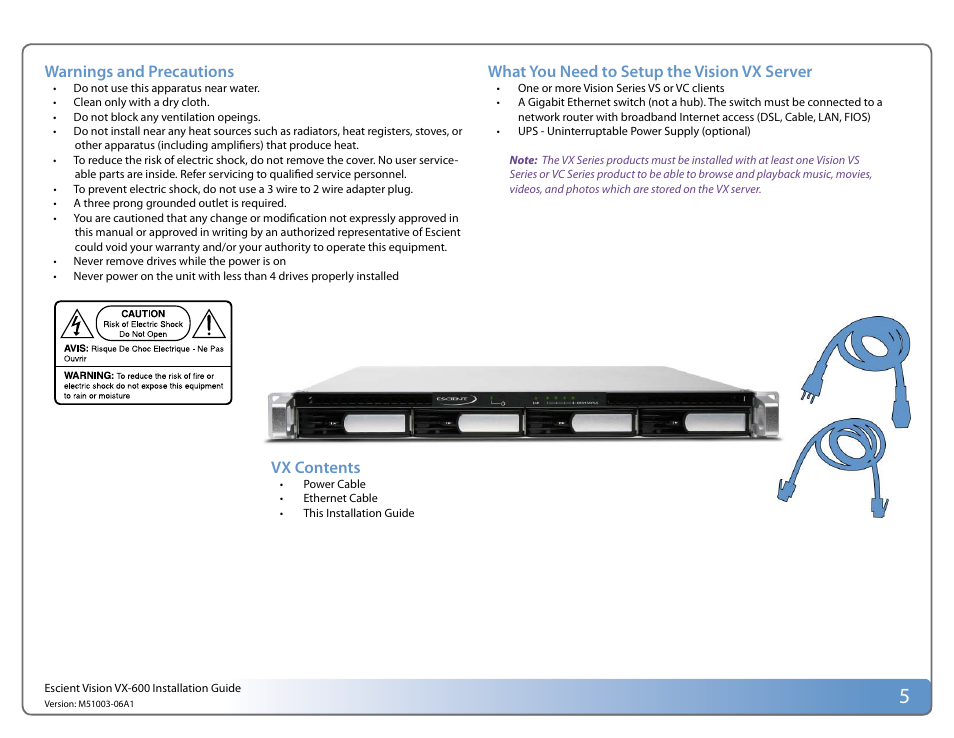 Warnings and precautions, Vx contents, What you need to setup the vision vx server | Escient Vision VX User Manual | Page 5 / 22