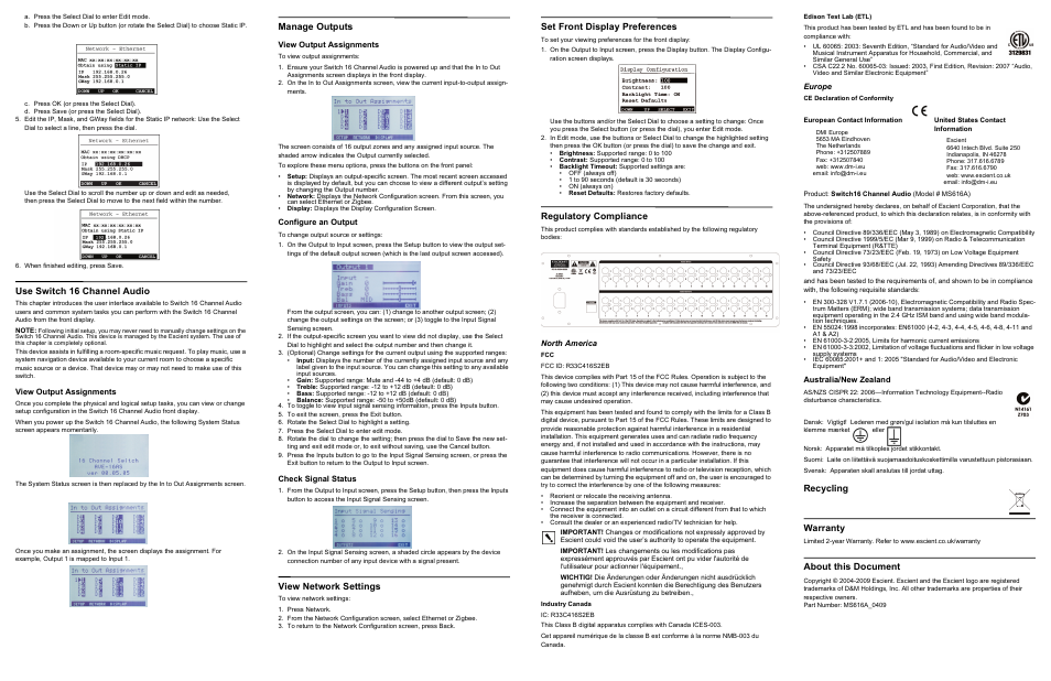 Use switch 16 channel audio, Manage outputs, View network settings | Set front display preferences, Regulatory compliance, Recycling warranty, About this document | Escient SWITCH 16 CHANNEL AUDIO MS616A User Manual | Page 2 / 2
