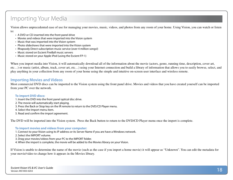 Importing your media | Escient VISION M51003-02A3 User Manual | Page 18 / 41