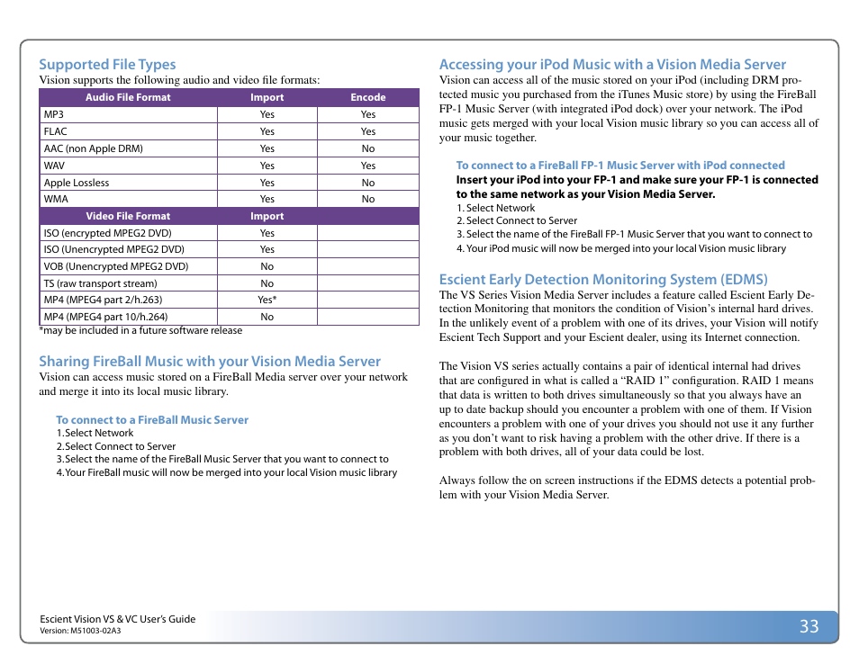 Supported file types, Escient early detection monitoring system (edms) | Escient VISION M51003-02A3 User Manual | Page 33 / 41