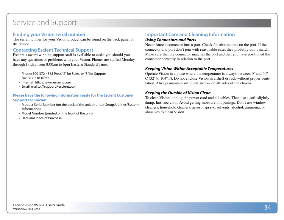 Service and support | Escient VISION M51003-02A3 User Manual | Page 34 / 41